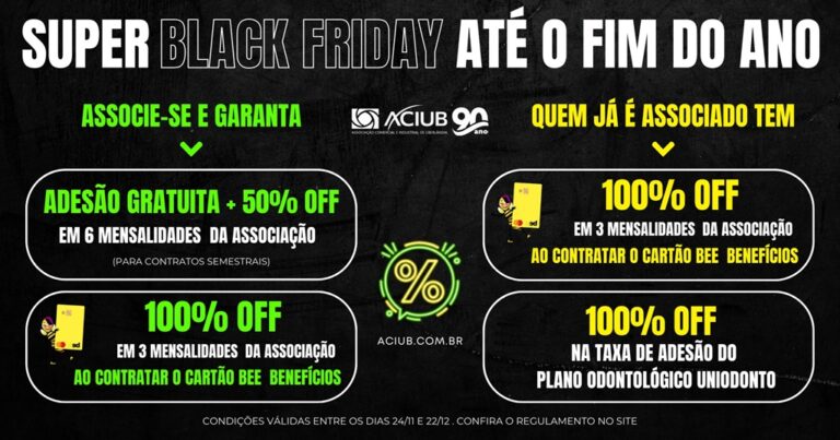 Black Friday Aciub tem prazo estendido, adesão gratuita para novos associados e muito mais