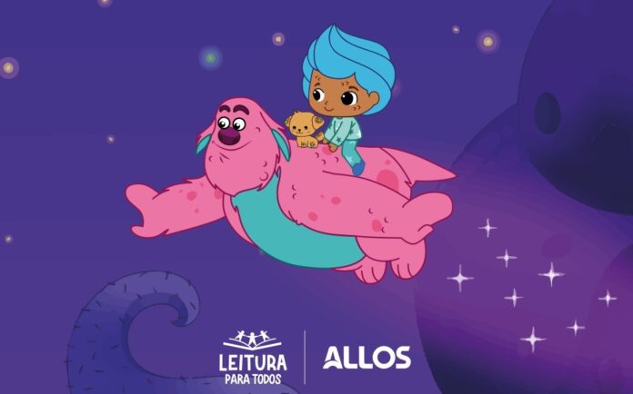 Desenho de um menino voando nas costas de um personagem