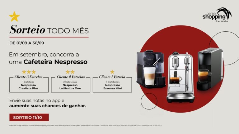 Center Shopping vai sortear cafeteiras Nespresso para clientes em setembro